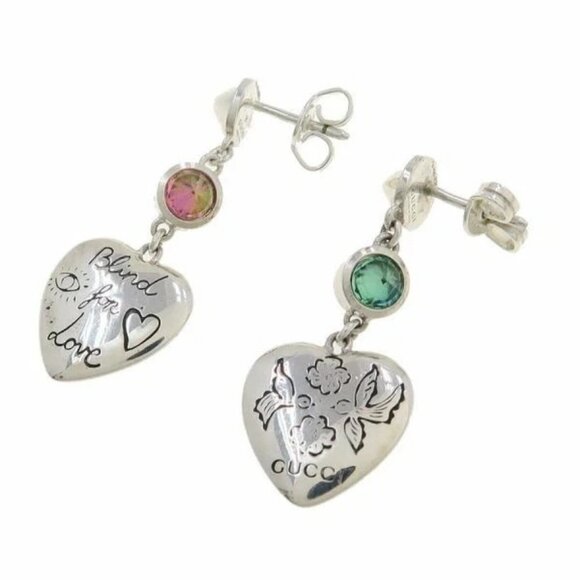 GUCCI Logo Pink Green Stone Heart Drop Stud Earrings Silver 925 Auth - Picture 2 of 11
